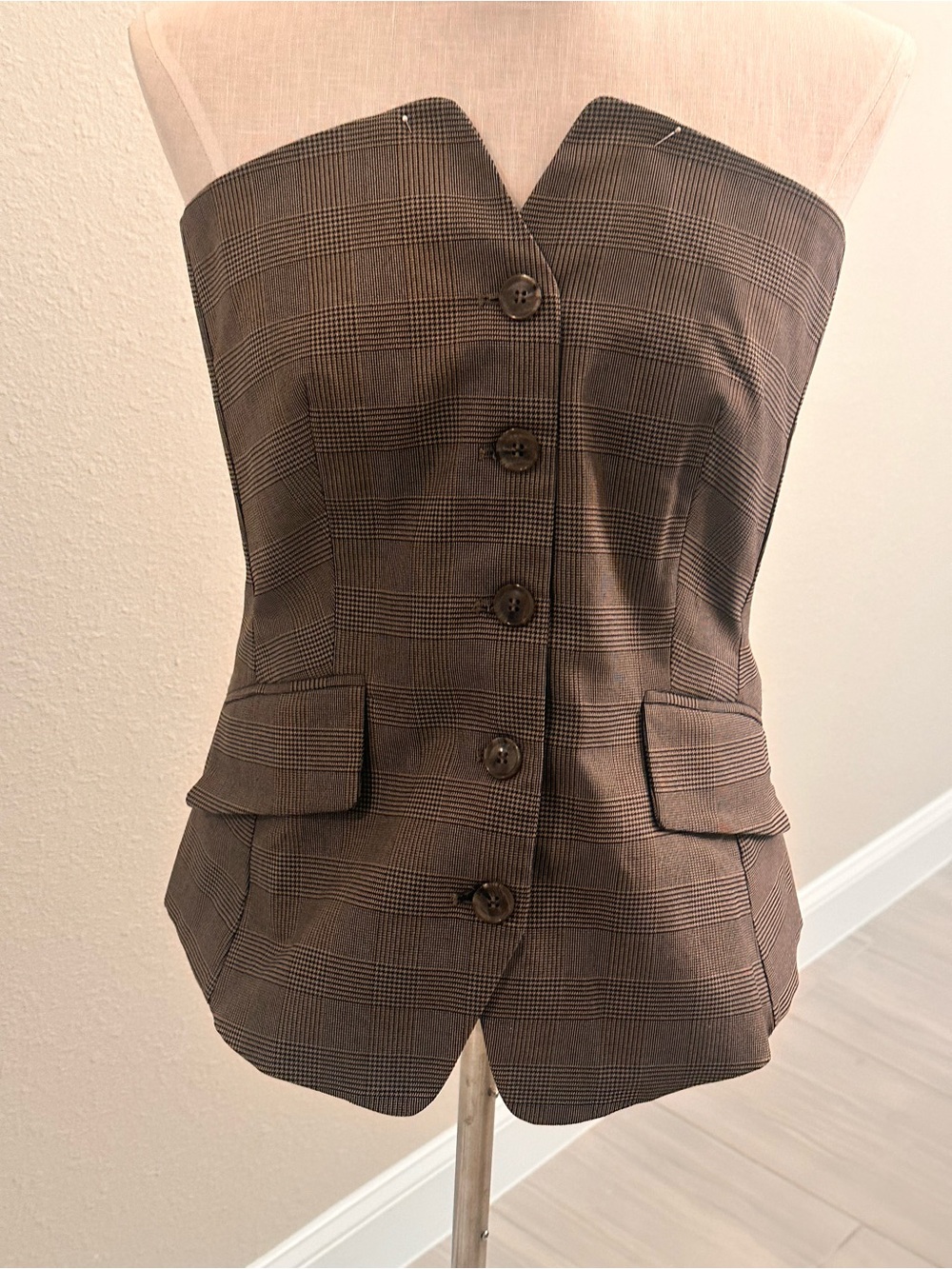 Banana Republic Brown Plaid Strapless Button-Front Vest